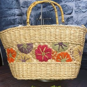 Straw Floral embroidered woven basket with bamboo Handles Tote Bag